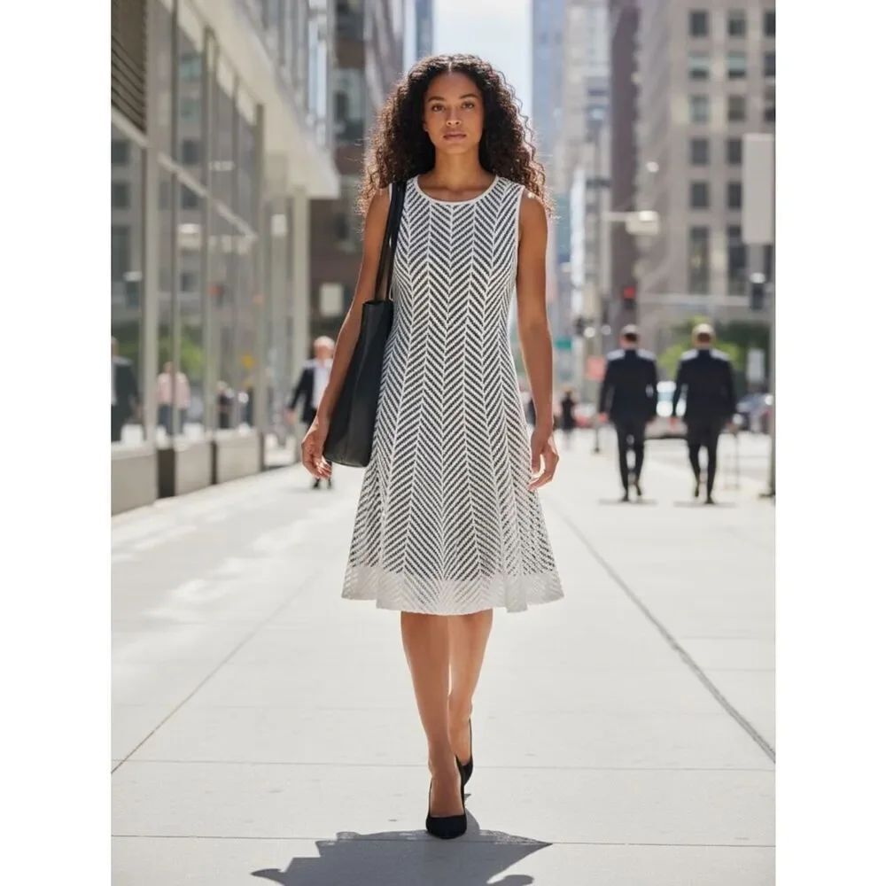 Calvin Klein Ivory Chevron Overlay Black Liner Sleeveless Fit Flare Dress